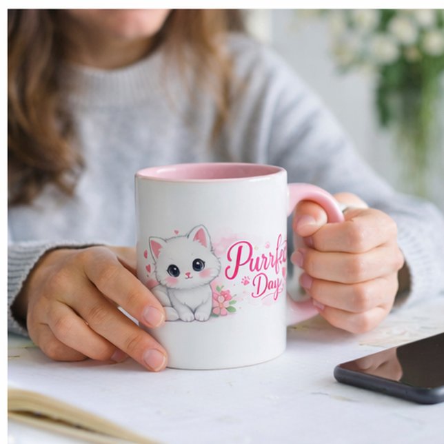 Purrfect Day Cute Pink Cat Mug Tasse (Von Creator hochgeladen)
