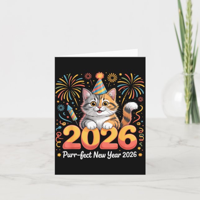 Purrfect New Year 2026 Cute Cat Fireworks Celebrat Karte (Vorderseite)