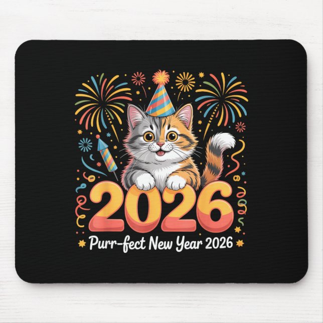 Purrfect New Year 2026 Cute Cat Fireworks Celebrat Mousepad (Vorne)