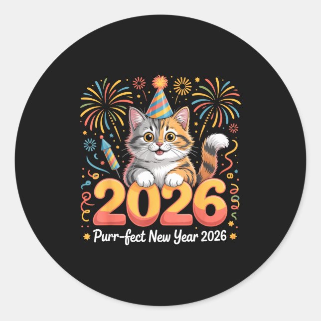 Purrfect New Year 2026 Cute Cat Fireworks Celebrat Runder Aufkleber (Vorderseite)