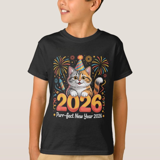 Purrfect New Year 2026 Cute Cat Fireworks Celebrat T-Shirt (Vorderseite)