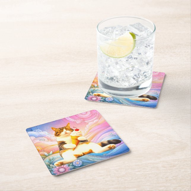 Purrfectly Asleep – Cat Holding Ice Cream Cone Rechteckiger Pappuntersetzer (Vor Ort)