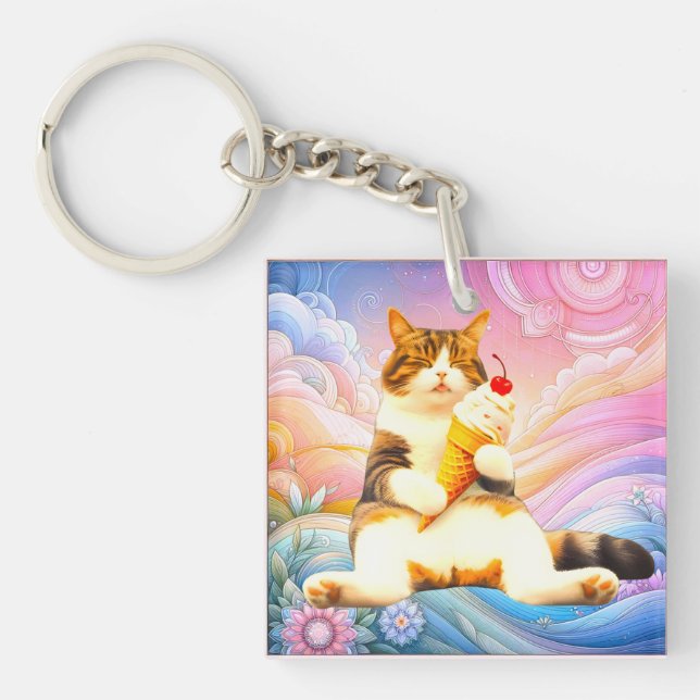 Purrfectly Asleep – Cat Holding Ice Cream Cone Schlüsselanhänger (Vorderseite)