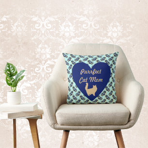 Purrfekte Katzenmutter Blau und Gold Herz Blumen B Kissen