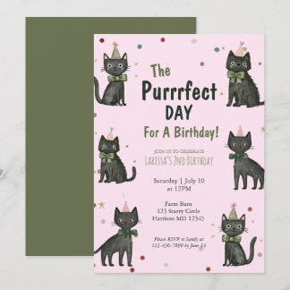 Purrfektes schwarzes Katzen-Kinder-Geburtstagsmoti Einladung