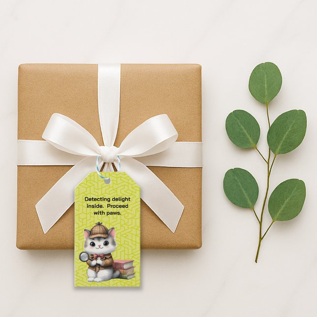 Purrlock Holmes Kitten Geschenkanhänger (Adorable detective cat with books and fun saying gift tag in situ)