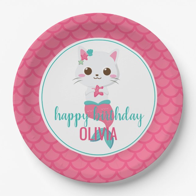 Purrmaid Meerjungfrau Kitty Pink Geburtstag Pappteller (Vorderseite)