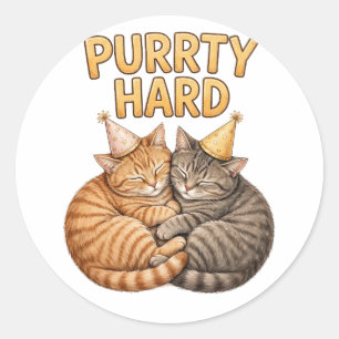 Purrty Hard — Lustige Partykatzen mit Geburtstagsh Runder Aufkleber