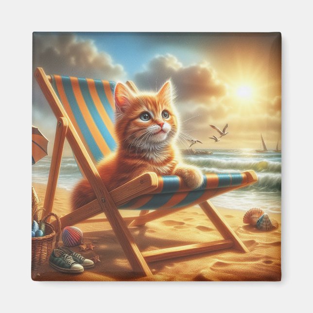 Puss Katze am Strand, süße Katze Magnet (Vorne)