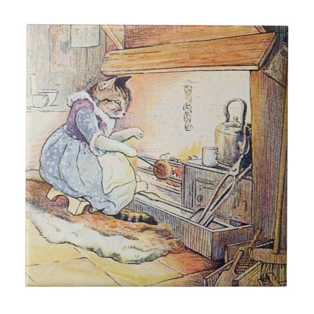 Pussy-Katze sitzt durch das Feuer Fliese (Vorderseite)