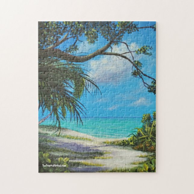Puzzle am jamaikanischen Strand mit Geschenkboxen, (Vertikal)