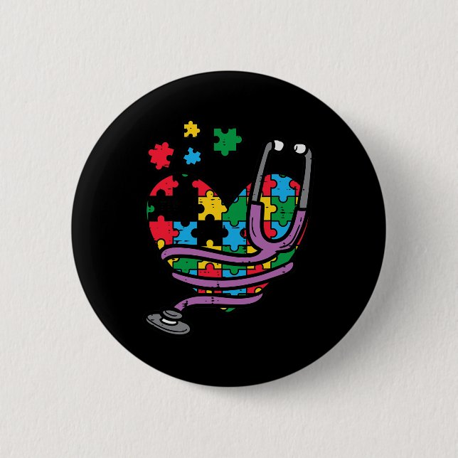 Puzzle Heart Stethoscope Autismus Sensibilisierung Button (Vorderseite)