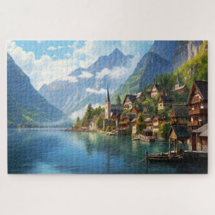 Puzzle mit charmantem Dorf in den Alpen, Europa.