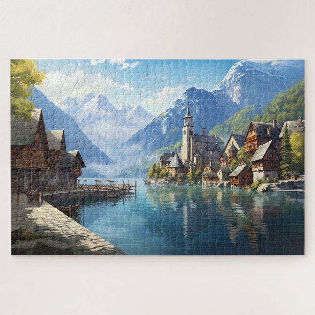 Puzzle mit charmantem Dorf in den Alpen, Europa. (Horizontal)