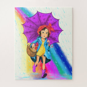 Puzzle mit Farm Girl mit Regenschirm und Rooster