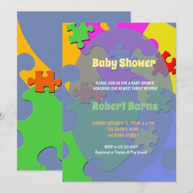 Puzzle Pieces Boy Baby Dusche Einladung (Vorne/Hinten)