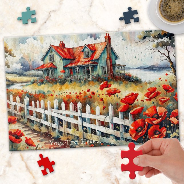 Puzzle Red Poppies Country Side Farm House (Puzzle featuring a fine art painting of a country scene with farm house and red poppy flowers.)