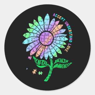 Puzzle-Sonnenblume für psychische Gesundheitsaufkl Runder Aufkleber