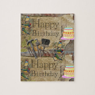 Puzzles Happy Birthday Tools Cake Birds Vintag