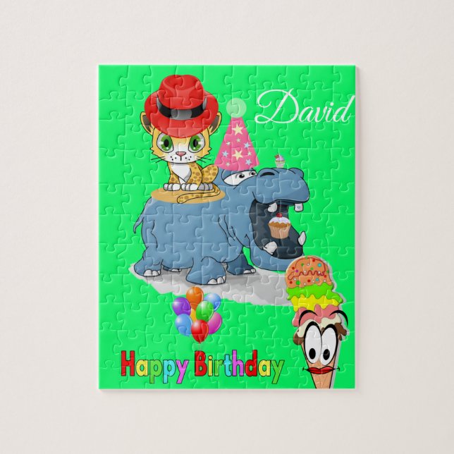 Puzzles Happy Geburtstag Hippopotamus Katzenjacke  (Vertikal)