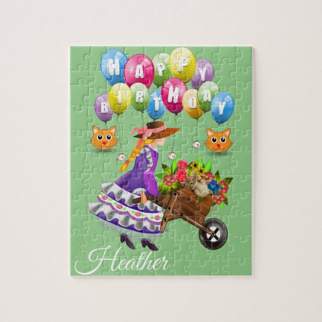Puzzles Happy Geburtstag Vintage Blumenkatze (Vertikal)