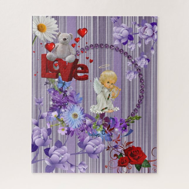 Puzzles Lila florale Rote Rose Angel Teddy Bear (Vertikal)