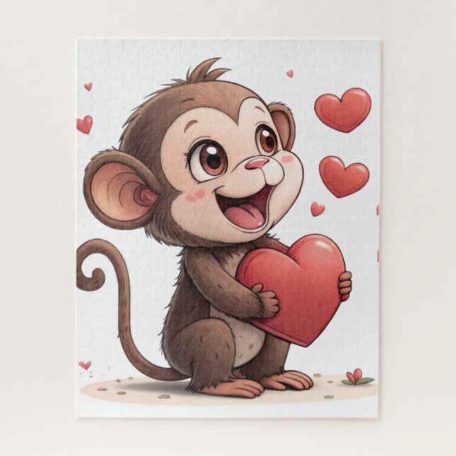 Puzzles Monkey Red Hearts Happy Valentine's Day  (Vertikal)