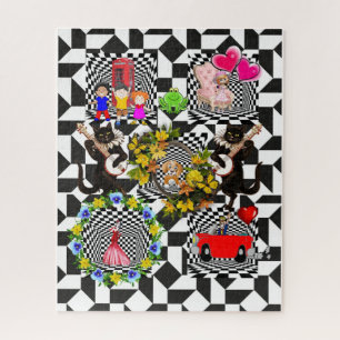 Puzzles Vintager Girl Hund Katze Blumenwagen