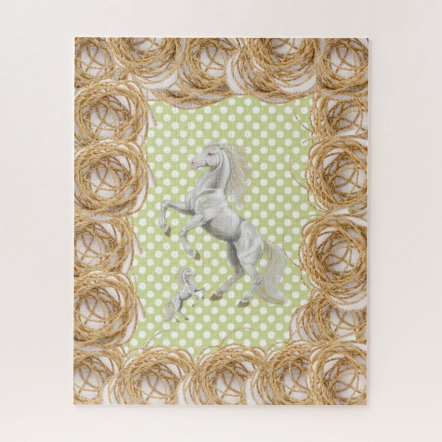 Puzzles White Horse Polk a dot Green Rope (Vertikal)