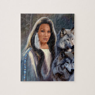 Puzzlespiel mit Ureinwohner-Mädchen und Wolfs Puzzle