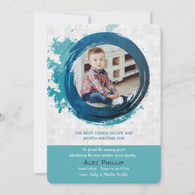 Puzzlespiel-Stück-blaue Foto-Adoptions-Mitteilung Einladung (Vorderseite)
