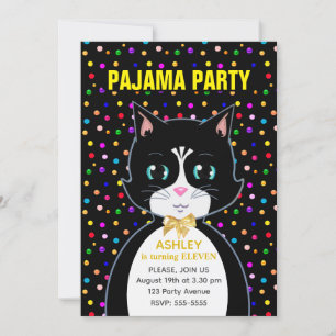 Pyjama-Party & Süße Tuxedo-Geburtstagskatze Einladung