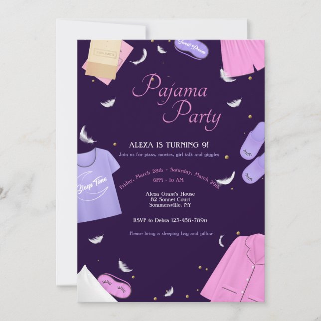 Pyjamaparty für Mädchen Einladung (Vorderseite)