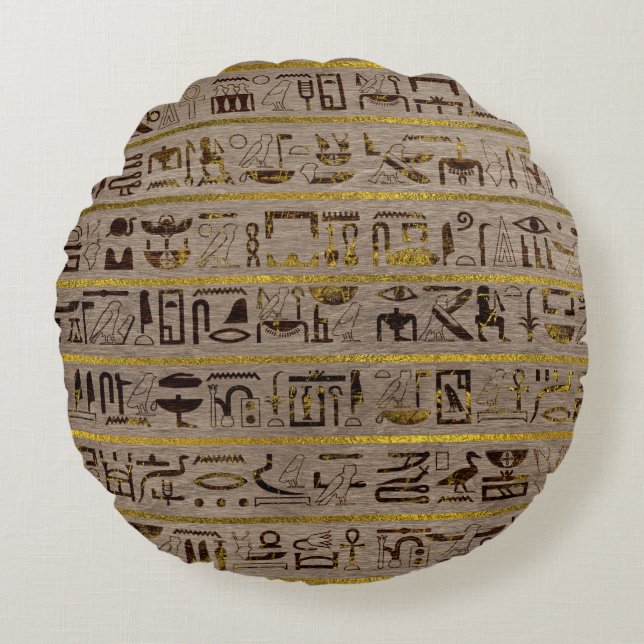 Pyrographed goldene ägyptische Hieroglyphen auf Rundes Kissen (Vorderseite)