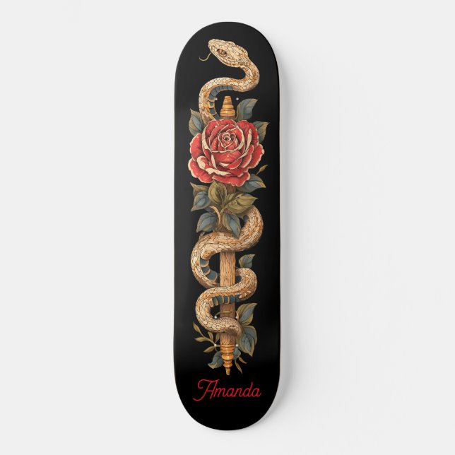 Python Schlange mit Rote Rose Skateboard (Vorderseite)
