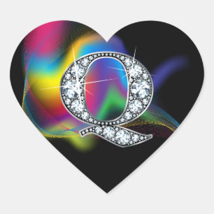 "Q" Diamantblende auf Rainbow Swirt Herzsticker Herz-Aufkleber