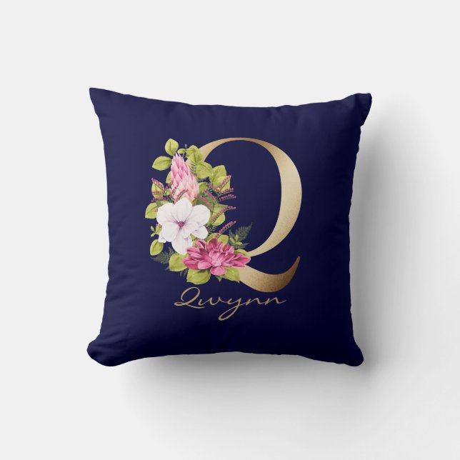 Q Letter Gold Monogram Pink White Magenta Floral Kissen (Vorderseite)