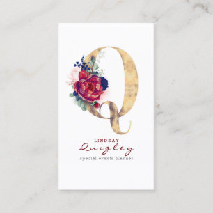 Q Monogram Burgundy Gold und Navy Blue Floral Visitenkarte