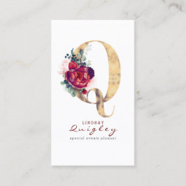 Q Monogram Burgundy Red Blume und Gold Glitzer Visitenkarte
