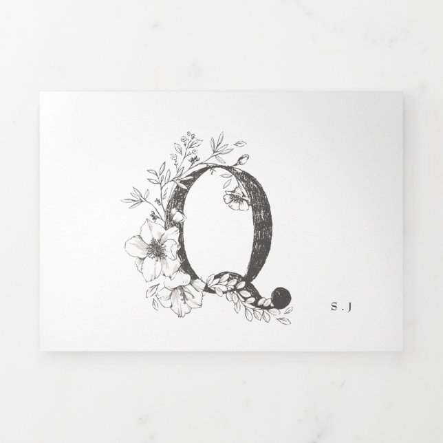'Q' Monogramm Schöne gezeichnete Blumenzwiebelhoch Dreifach Gefaltete Einladung (Cover)