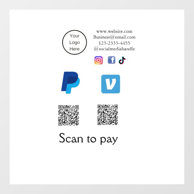 Q R Code PayPal venmo Scan zahlen hinzufügen Socia Fensteraufkleber (Blatt)