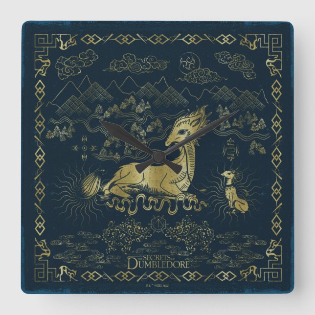 Qilin an der Erholung Golden Tapestes Quadratische Wanduhr (Vorderseite)