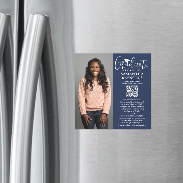 QR Abschluss Navy White Foto Ankündigung Magnet (Von Creator hochgeladen)