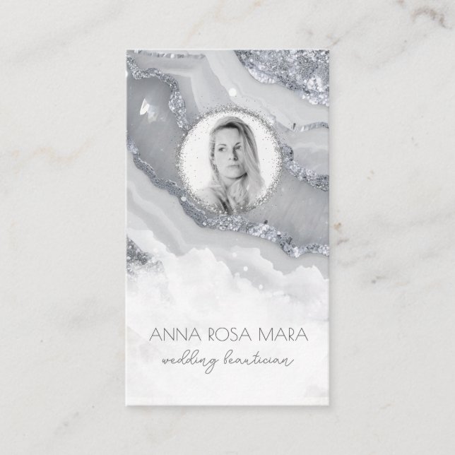 *~* QR Agate Marble FOTO LOGO SILVER AP66 Grau Visitenkarte (Vorderseite)