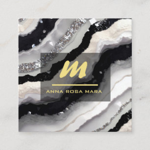 *~* QR Agate Schwarz-weiß Gold Glitzer Initial AP6 Quadratische Visitenkarte
