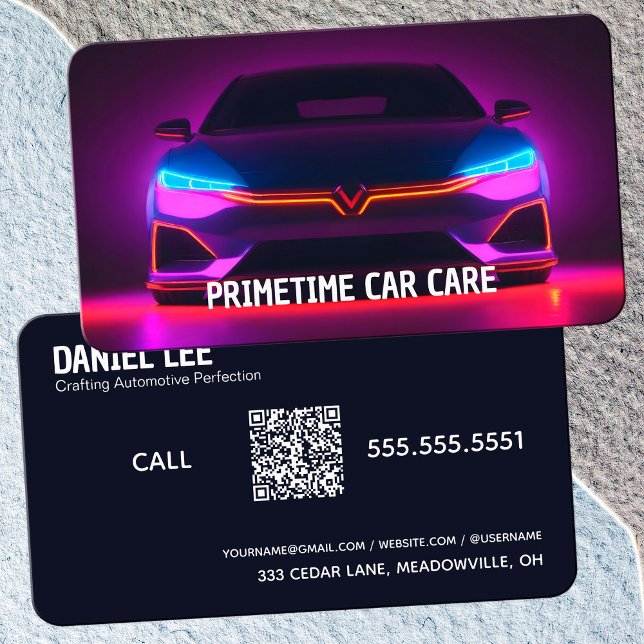 🚨 QR Auto Detailer Neon Visitenkarte (QR Auto Detailer Neon Business Cards)