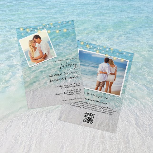 QR Beach Foto String Lichter alle in einer Hochzei Einladung (Front and back - features your QR code, wedding website, and any other wedding detail info.)