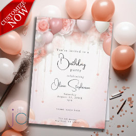 QR Birthday Coral Floral und Balloons Einladung
