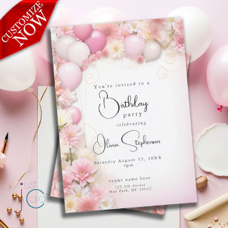 QR Birthday Pink Balloons and Daisies Einladung