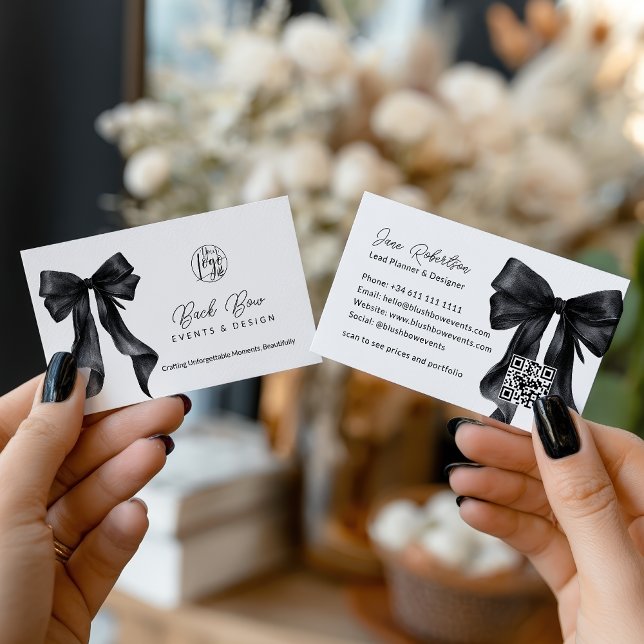 QR Black Coquette Bow Elegantes Design Visitenkarte (QR Black Coquette Bow Elegant Events Design Business Card)